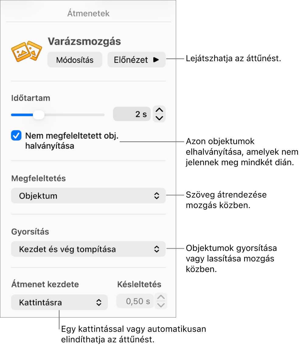 A Varázsmozgás áttűnéseinek vezérlői az Animálás oldalsáv Áttűnések szakaszában.