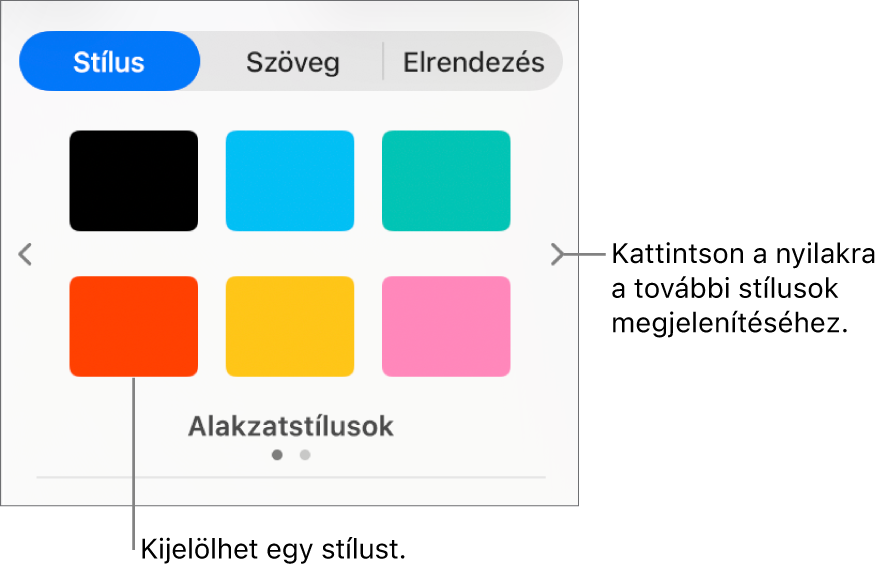A Formátum oldalsáv Stílus lapja hat objektumstílussal és navigációs nyilakkal a bal és a jobb oldalon.