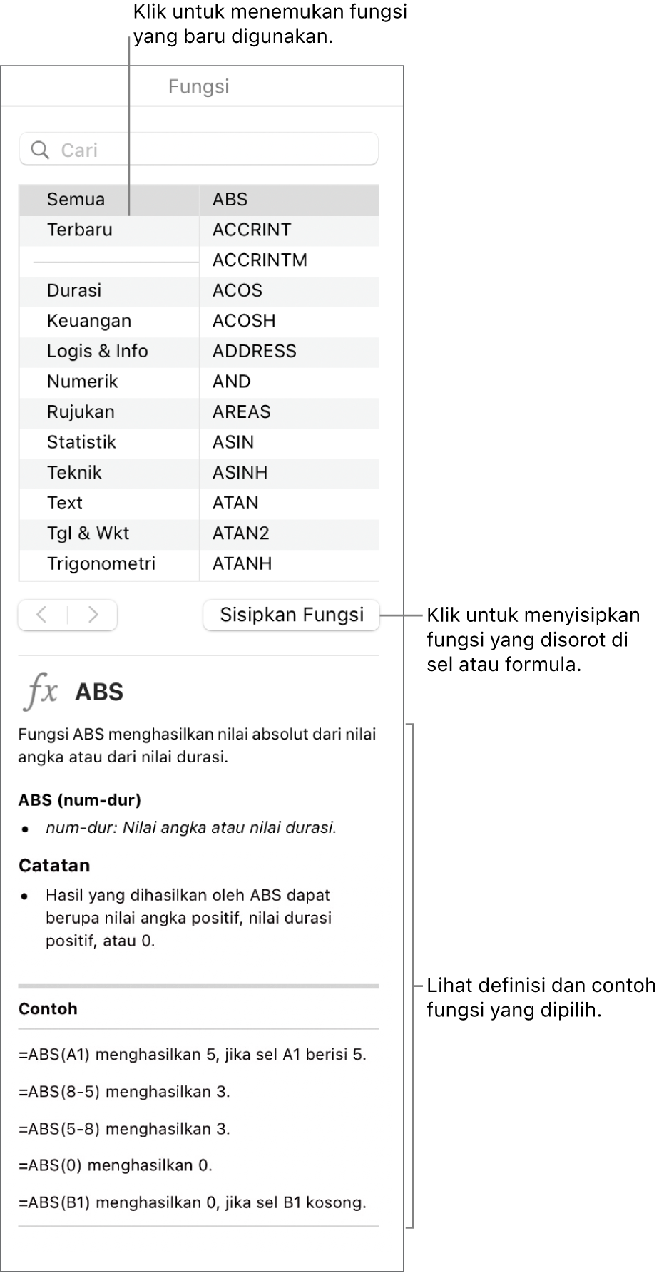 Browser Fungsi dengan keterangan pada fungsi yang baru digunakan, tombol Sisipkan Fungsi, dan definisi fungsi.