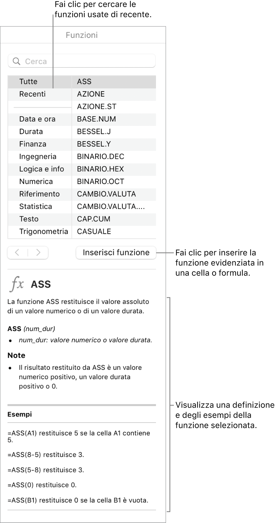 Browser funzioni con didascalie per le funzioni utilizzate di recente, il pulsante “Inserisci funzione” e la definizione della funzione.