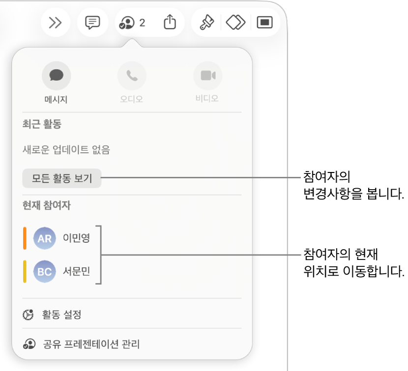 현재 두 명의 참여자가 나열된 공동 작업 메뉴.