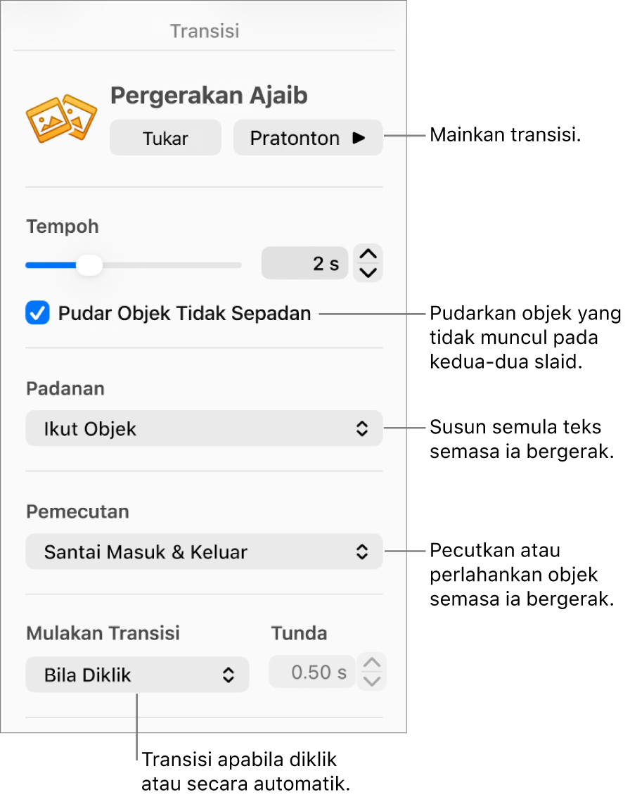 Kawalan transisi Pergerakan Ajaib di bahagian Transisi dalam bar sisi Animasi.