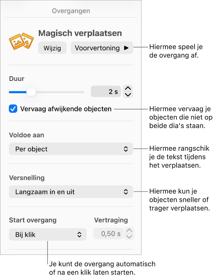 Overgangsregelaars voor 'Magisch verplaatsen' in het gedeelte 'Overgangen' van de navigatiekolom 'Animatie'.