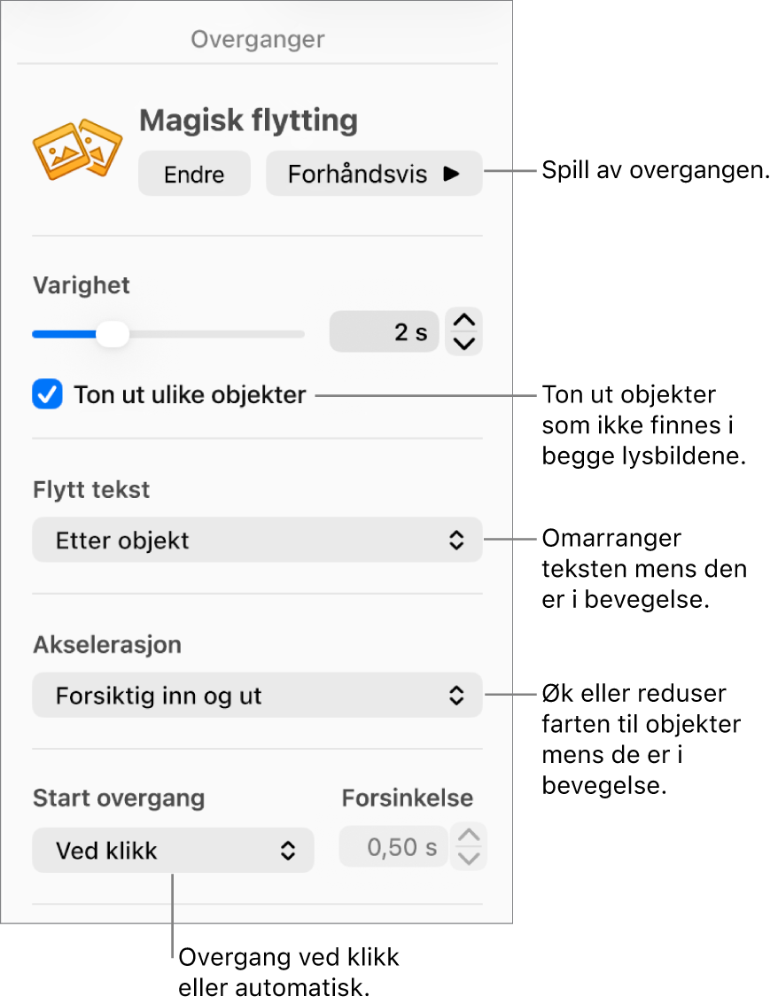 Magisk flytting-overgangskontroller i Overganger-delen i Animer-sidepanelet.