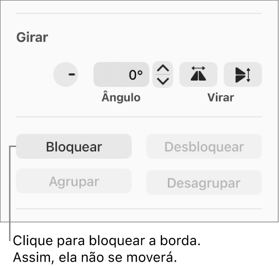 Controles de objeto Girar, Bloquear e Agrupar com o botão Bloquear destacado.