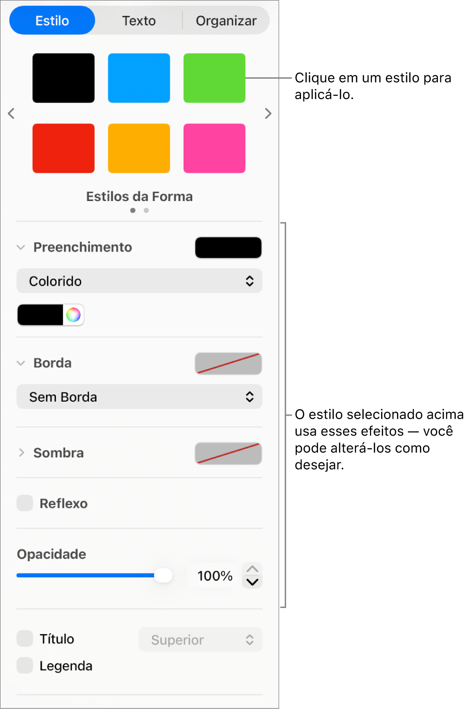 Estilos e opções de forma na seção Formatar da barra lateral.