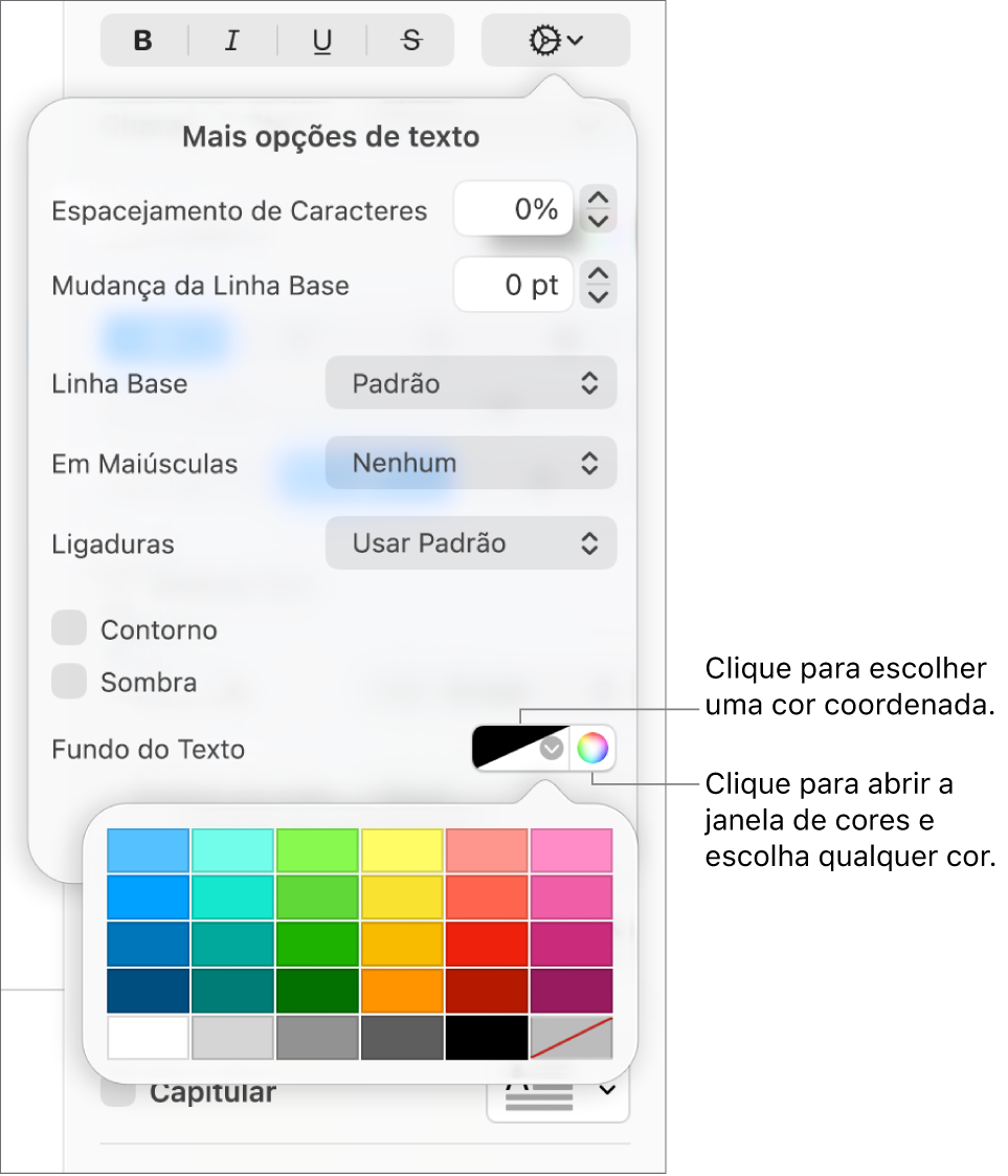 Controles para escolher uma cor de fundo para o texto.