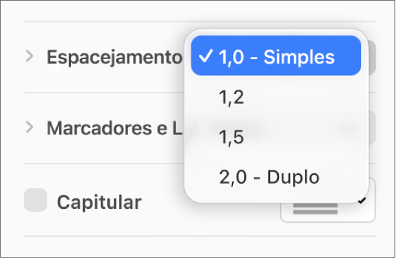 Menu pop-up Espacejamento com as opções Simples, Duplo e outras.