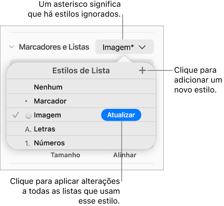 Menu Estilos de Lista com um asterisco que indica uma substituição, chamadas para o botão Novo Estilo e um submenu de opções para gerenciamento de estilos.