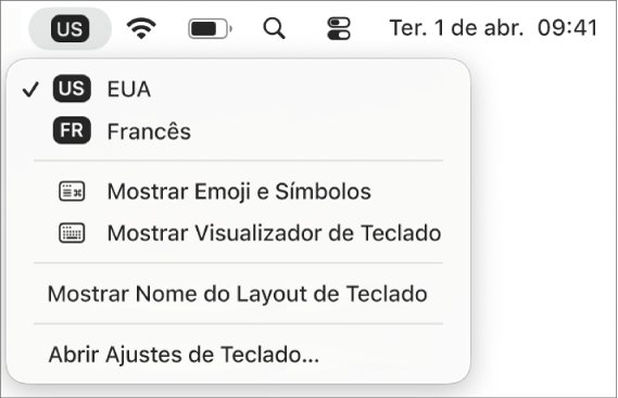 Menu Layout de Teclado no canto superior direito da barra de menus.