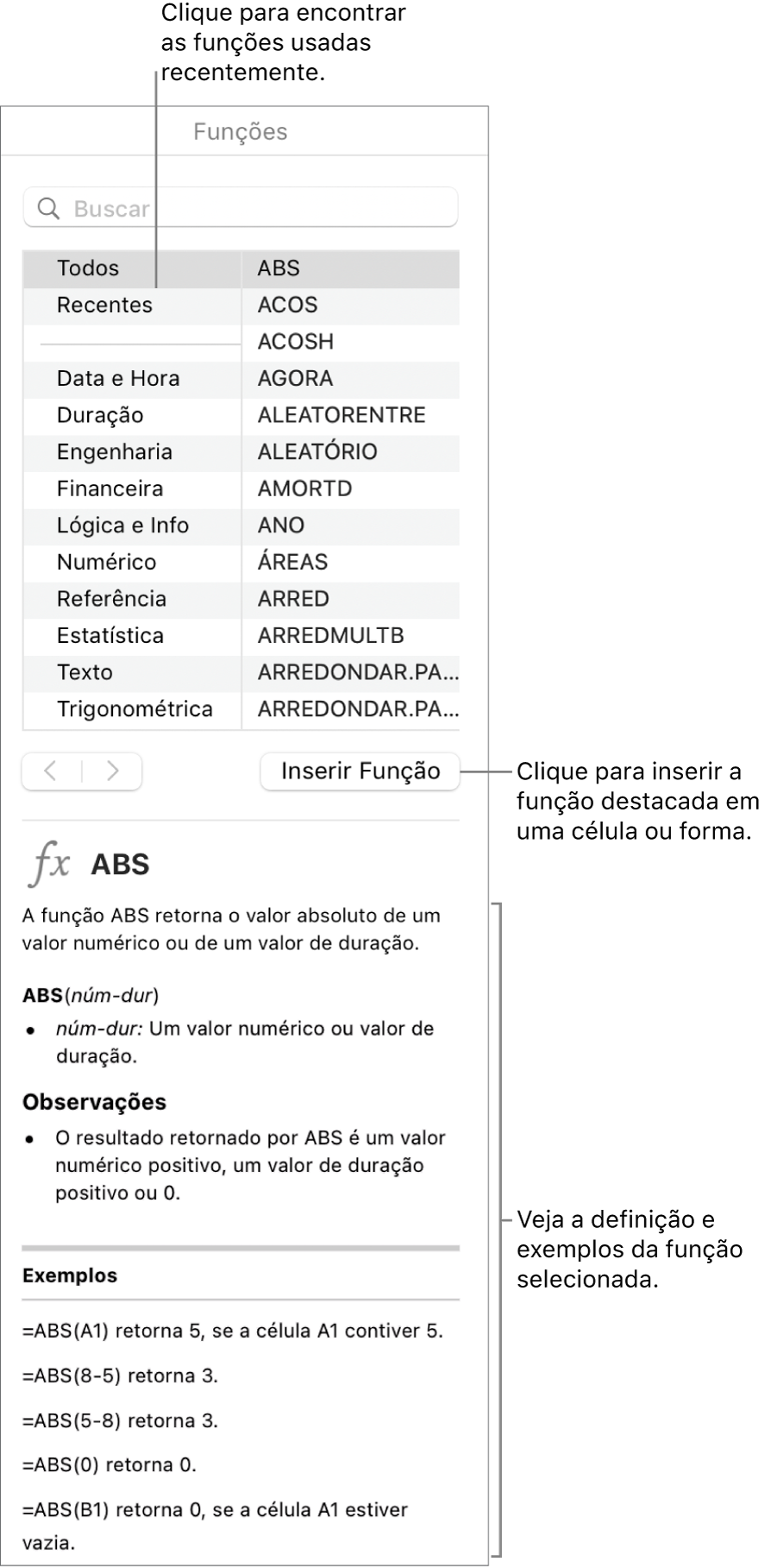 Navegador de Funções com chamadas para funções usadas recentemente, botão Inserir Funções e definição de função.