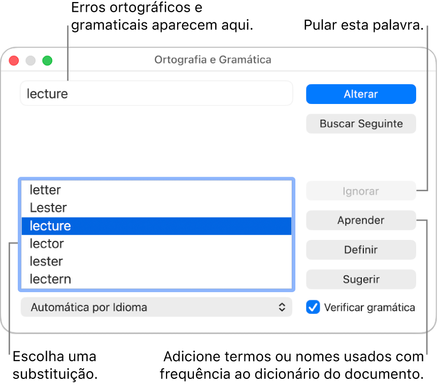 Janela de Ortografia e Gramática.