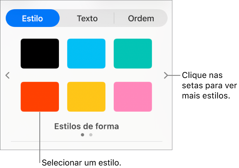 O separador “Estilo” da barra lateral “Formatação” com seis estilos de objeto e setas de navegação à esquerda e à direita.