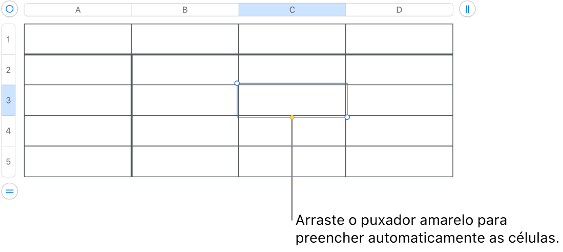 Uma célula selecionada com um puxador amarelo que pode arrastar para preencher automaticamente as células.
