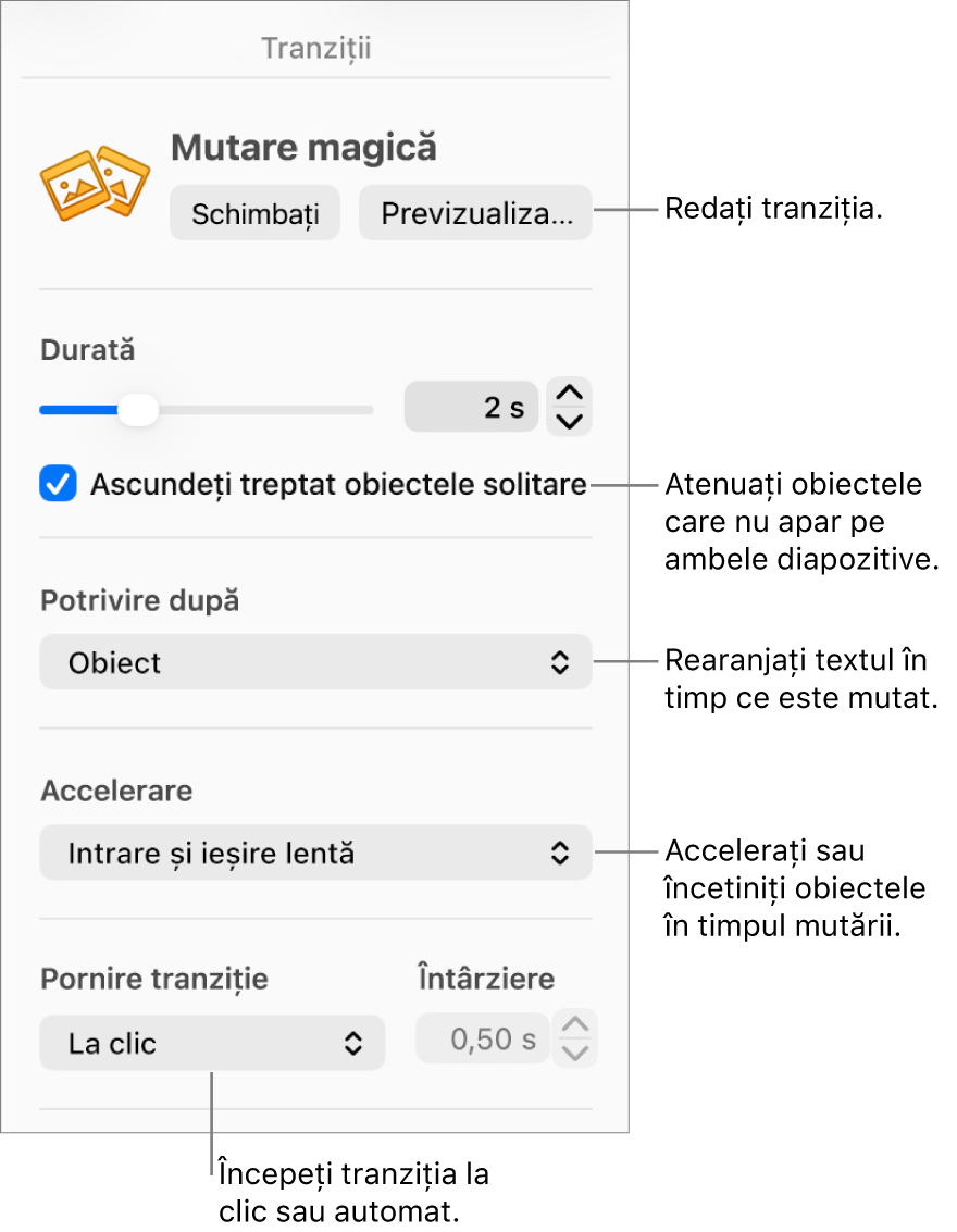 Comenzile de tranziție Mutare magică din secțiunea Tranziții a barei laterale Animează.