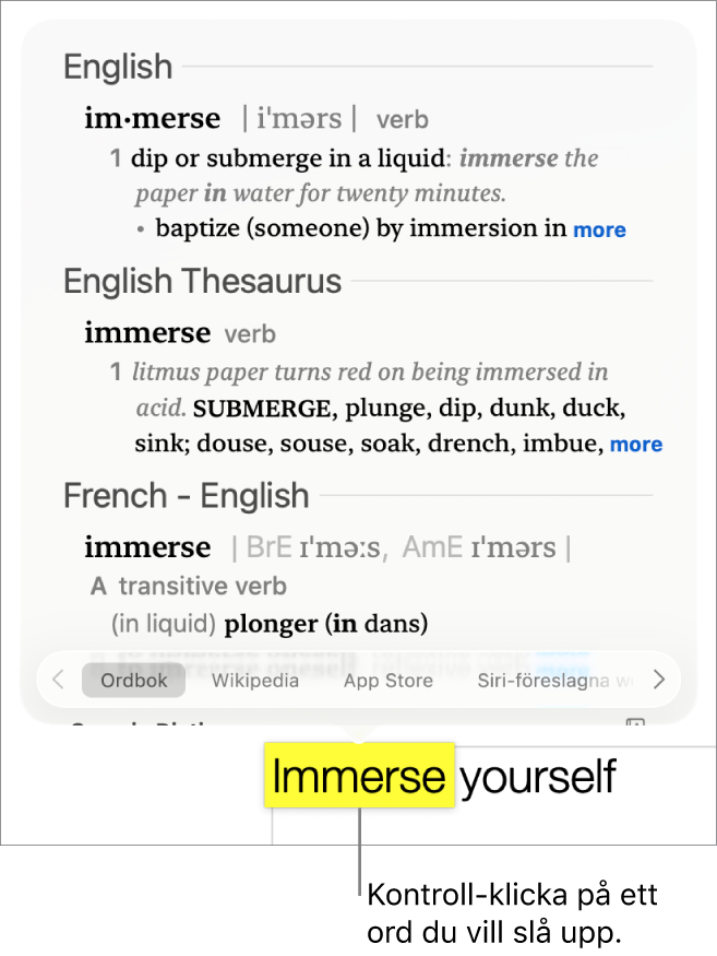 Text med ett markerat ord och ett fönster som visar en definition för ordet och en synonympost. Två knappar längst ned i fönstret innehåller länkar till ordlistan och till Wikipedia.
