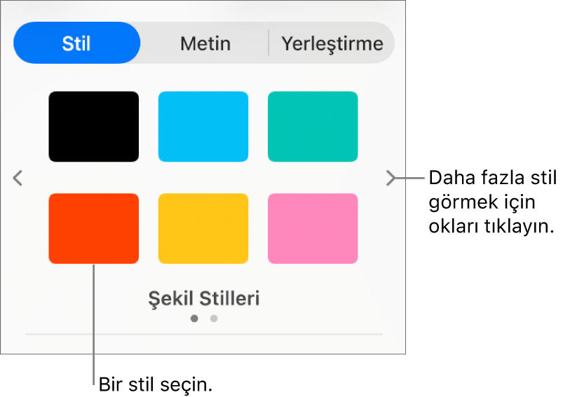 Solunda ve sağında dolaşma okları olmak üzere altı nesne stiliyle Biçim kenar çubuğunun Stil sekmesi.