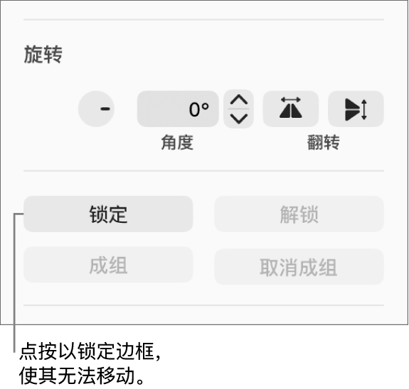 “旋转”、“锁定”和“成组”对象控制,其中标注了“锁定”按钮。