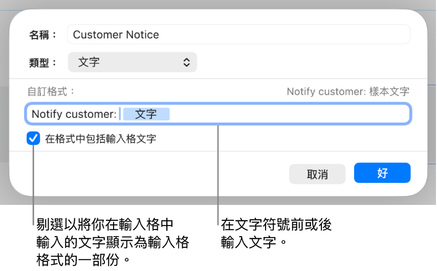 自訂文字輸入格格式。