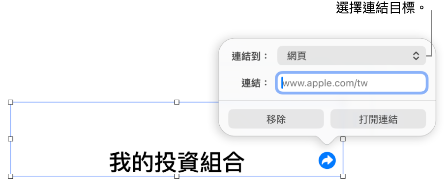 連結編輯器控制項目顯示已選取「網頁」,而「移除」和「打開連結」按鈕位於底部。