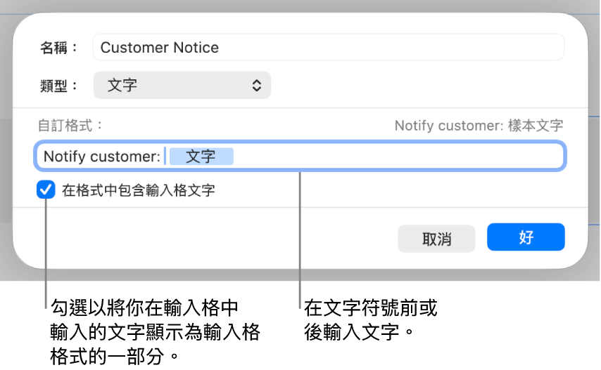 自訂文字輸入格格式。