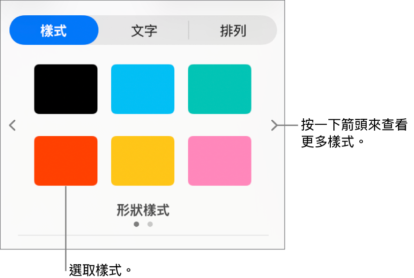 「格式」側邊欄的「樣式」標籤頁,帶有六種物件樣式,左右兩側有導覽箭頭。
