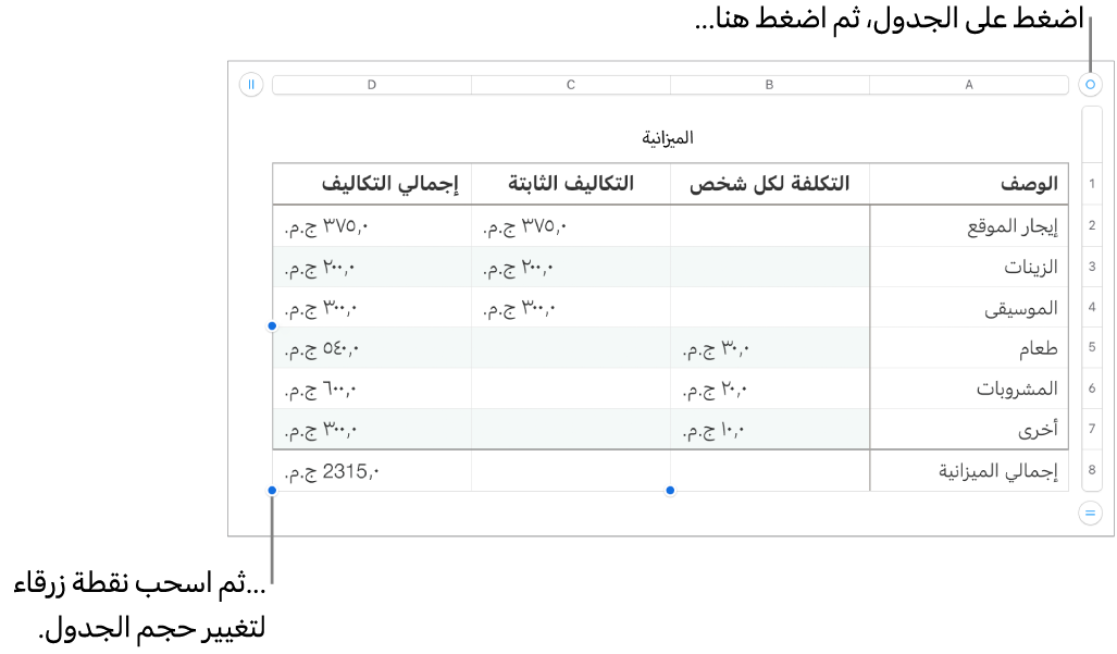 جدول محدد وبه نقاط زرقاء لتغيير الحجم.