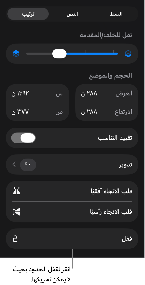 عناصر التحكم في الترتيب في قائمة التنسيق مع وضع وسيلة شرح على زر القفل.