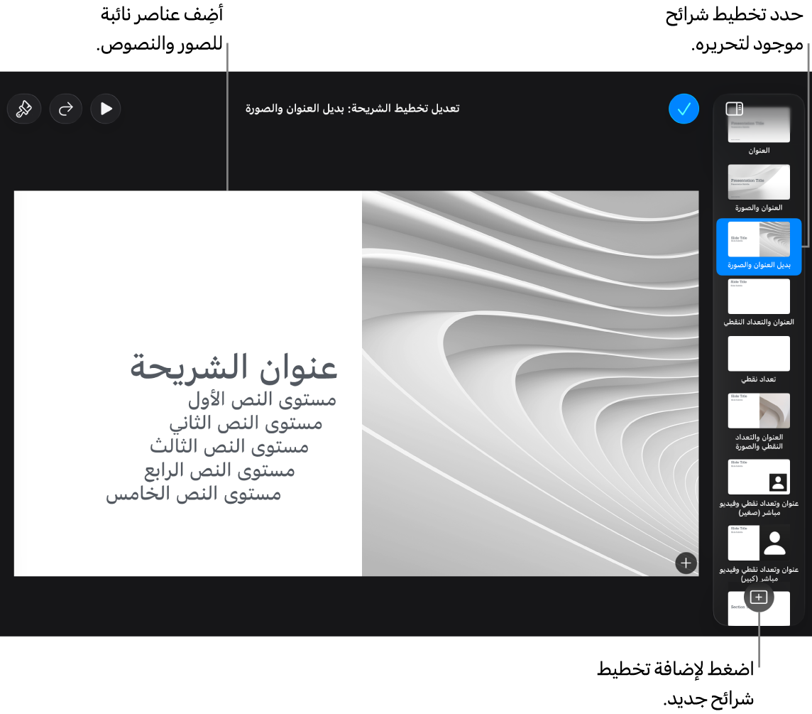 تخطيط شريحة يظهر على اللوحة القماشية للشريحة، مع الزر إضافة تخطيط الشريحة في أسفل متصفح الشرائح.
