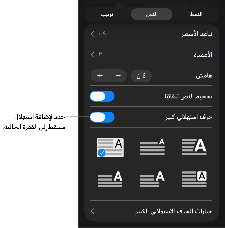 توجد عناصر تحكم في الاستهلال المسقط في قائمة النص.