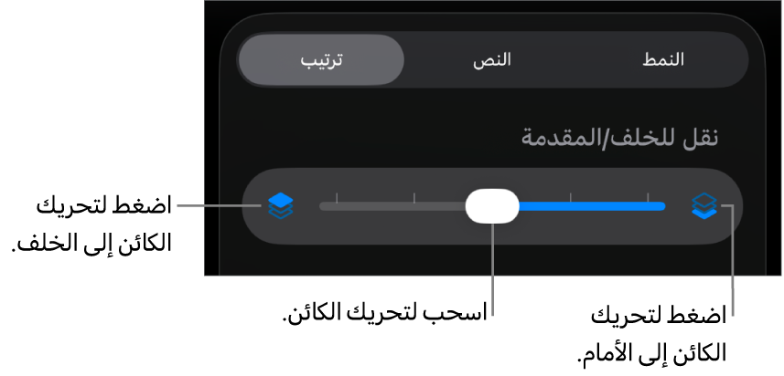 زر تحريك للخلف، وزر تحريك للأمام، وشريط تمرير الطبقة.