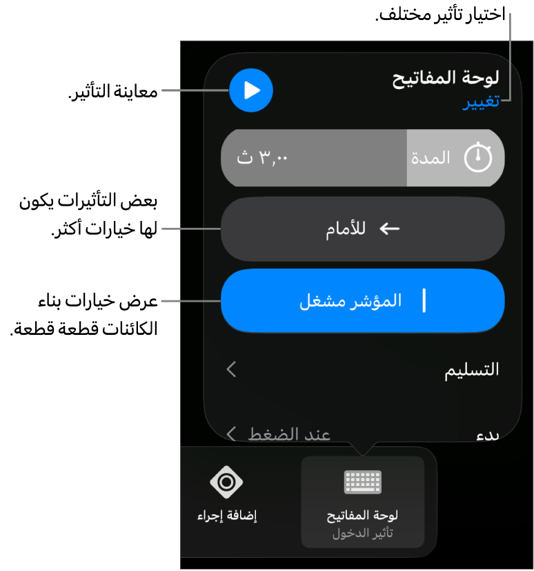 خيارات التأثير تتضمن المدة والتسليم وتوقيت البداية. اضغط على تغيير لاختيار تأثير مختلف، أو اضغط على معاينة لمعاينة التأثير.