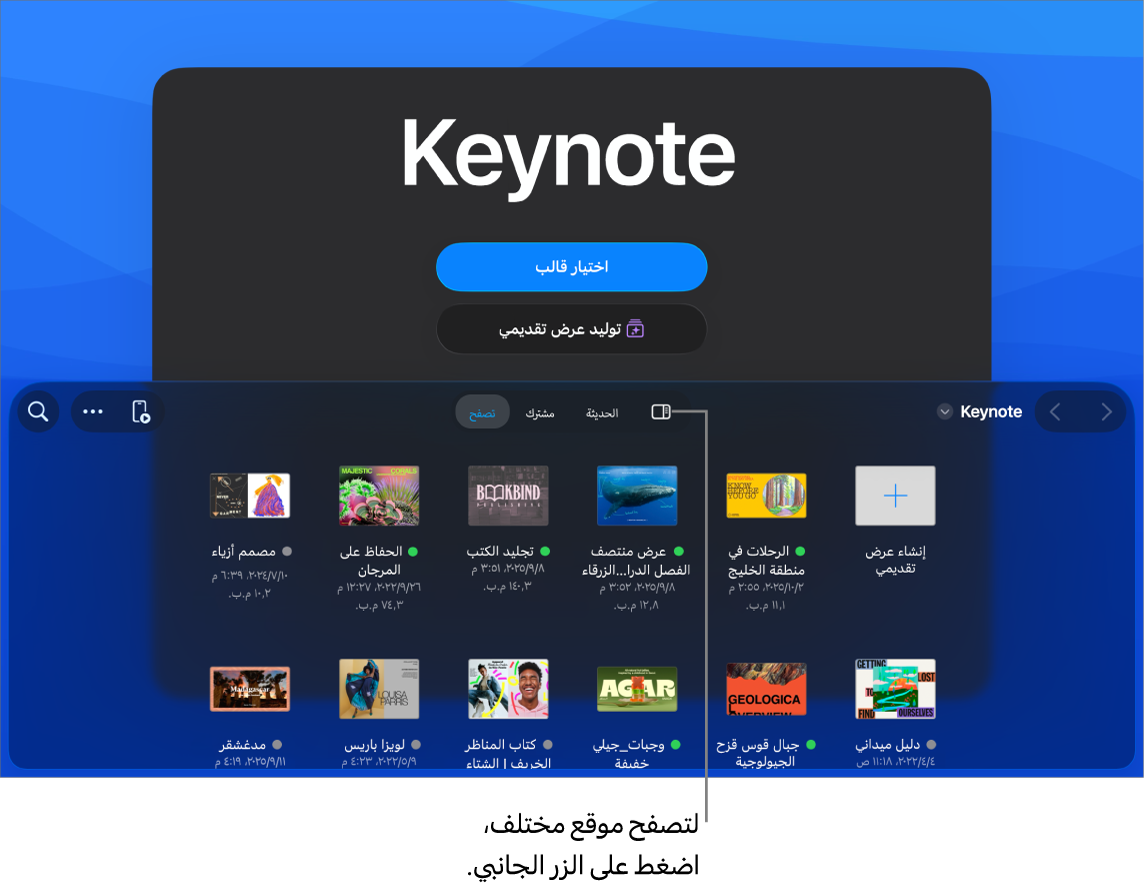 مدير المستندات مع أزرار لاختيار القالب وبدء عرض تقديمي من مخطط تفصيلي في النصف العلوي من الشاشة، ومتصفح المستندات مع عرض تقديمي مشترك في الجزء السفلي.