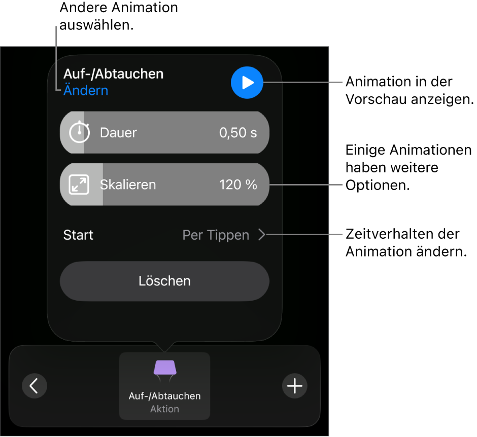 Animationsoptionen wie „Dauer“ und „Start“. Tippe auf „Ändern“, um eine andere Animation zu wählen, oder tippe auf „Vorschau“, um eine Vorschau der Animation anzuzeigen.