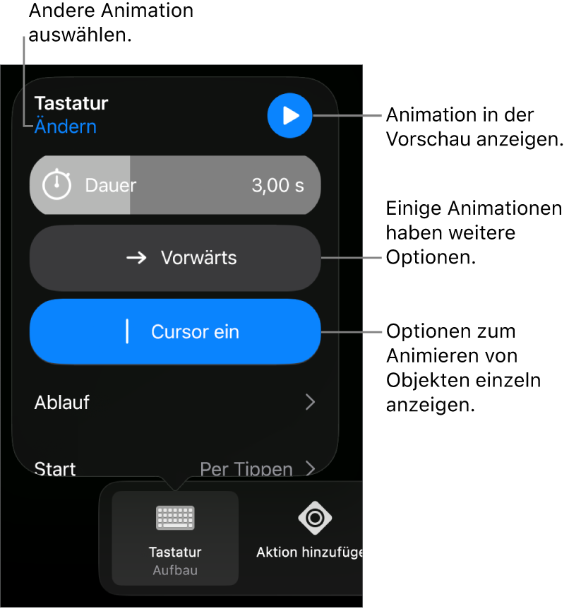 Animationsoptionen wie „Dauer“, „Ablauf“ und „Start“. Tippe auf „Ändern“, um eine andere Animation zu wählen, oder tippe auf „Vorschau“, um eine Vorschau der Animation anzuzeigen.