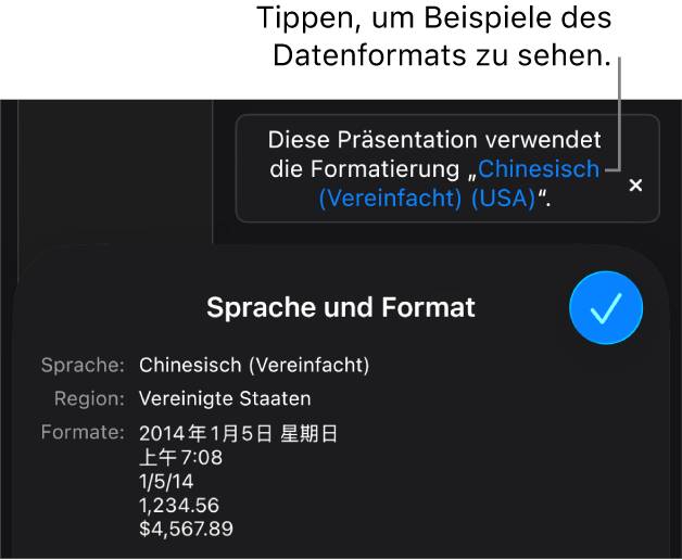 Die Mitteilung zur anderen Sprache und Region mit Beispielen der Formatierung in dieser Sprache und Region.