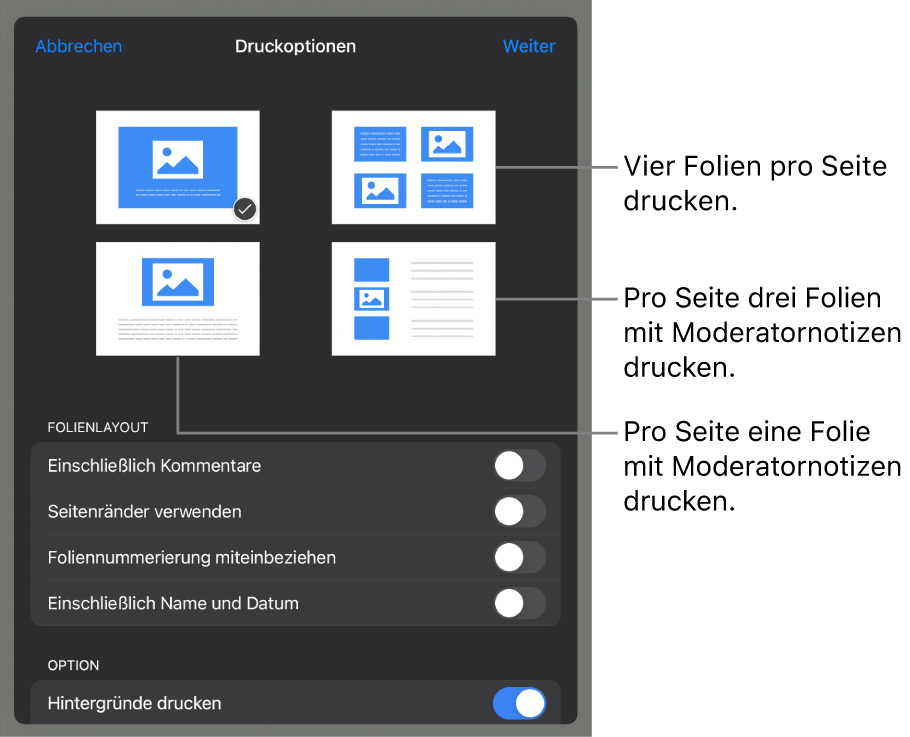 Optionen für das Drucklayout.