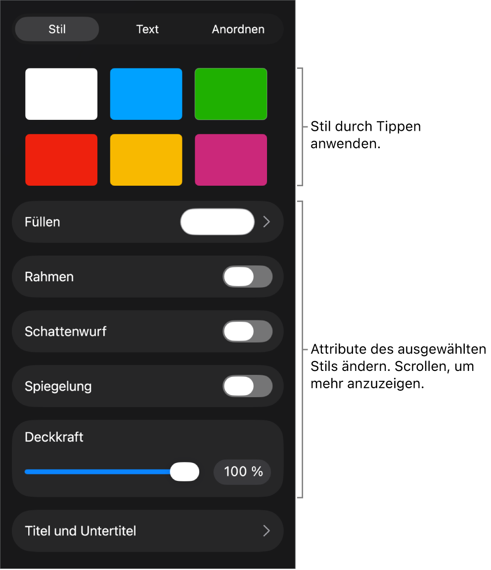 Der Tab „Stil“ des Menüs „Format“ mit Objektstilen oben und Steuerelementen zum Ändern des Rahmens, des Schattens, der Reflexion und der Deckkraft darunter.