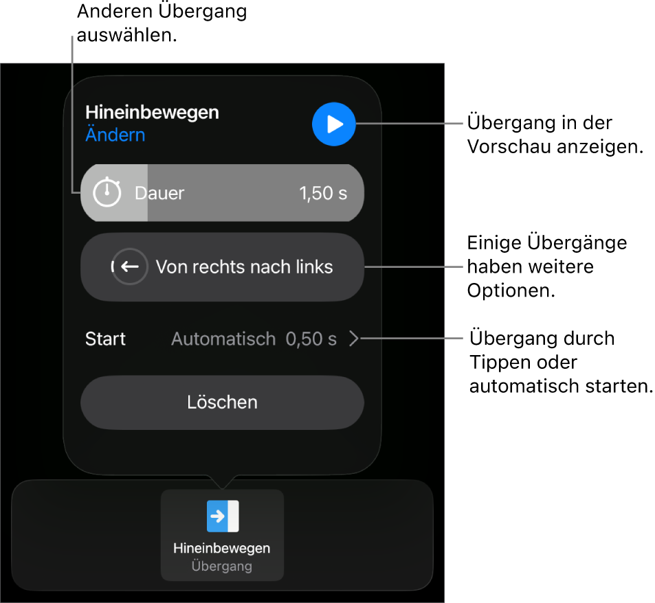 Steuerelemente im Bereich „Optionen“ zum Ändern eines Übergangs