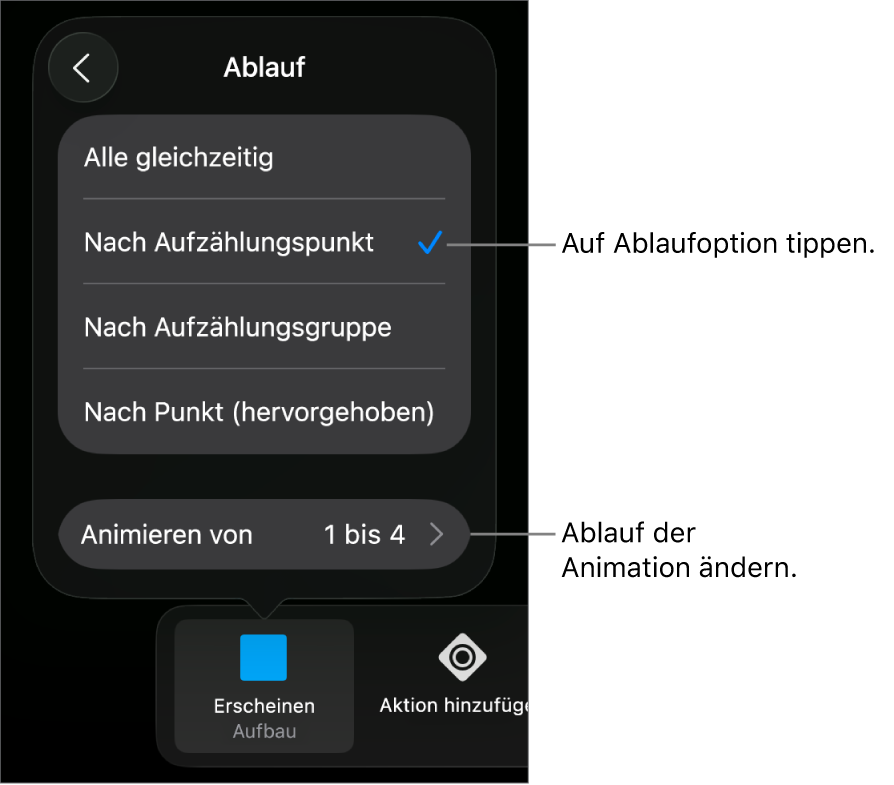Ablaufoptionen im Bereich „Aufbau“