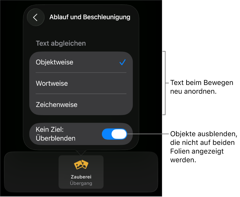 Ablauf- und Beschleunigungsoptionen für „Zauberei“ im Bereich „Beschleunigung