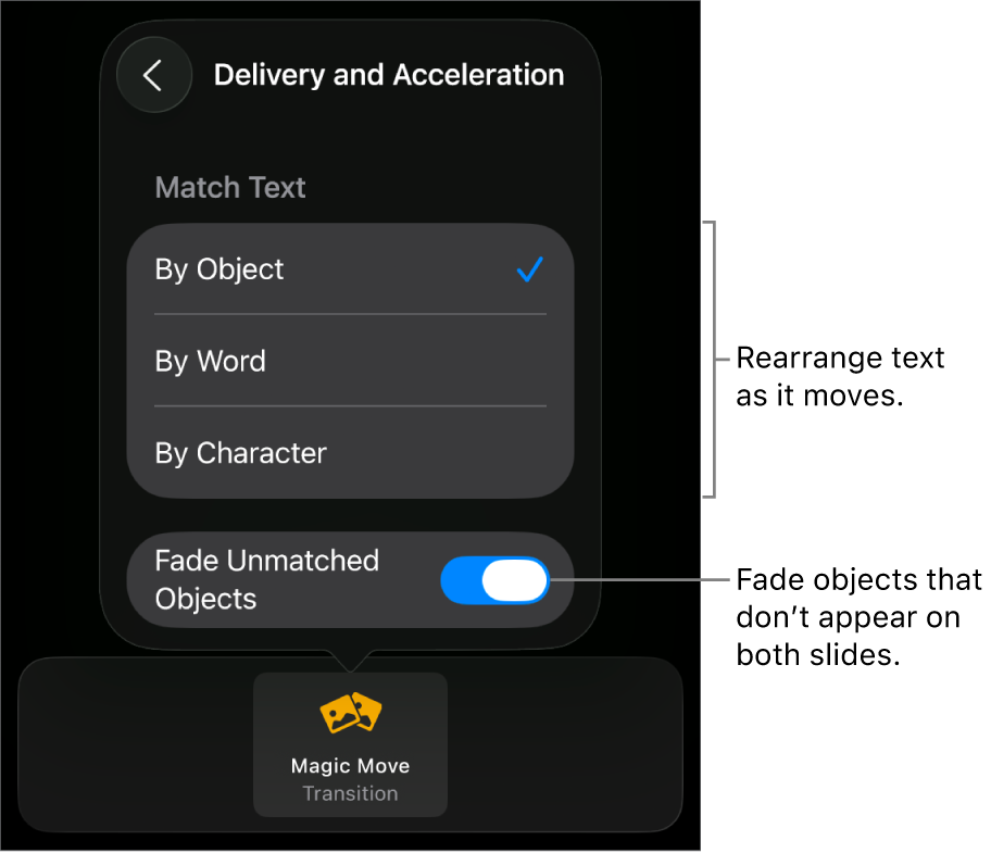 Magic Move delivery and acceleration options in the Acceleration pane.