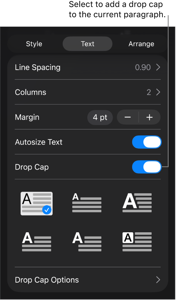 The Drop Cap controls located in the Text menu.