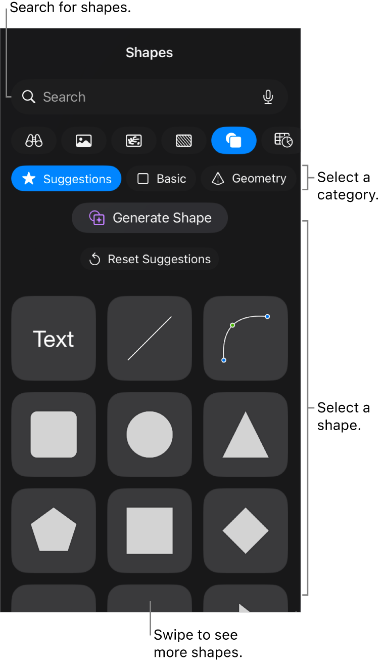 The shapes library, with categories at the top and shapes displayed below. You can use the search field at the top to find shapes and swipe to see more.