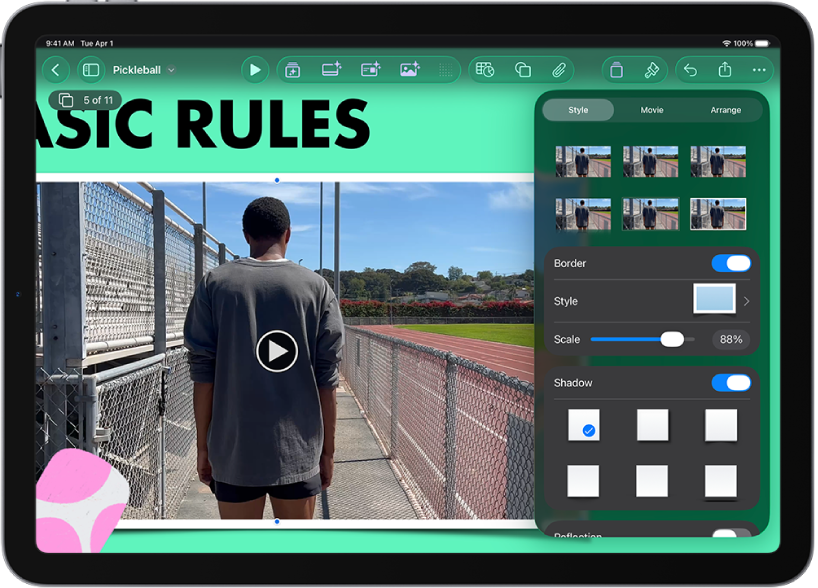 The Format controls for changing the size and appearance of the selected video. Style, Movie, and Arrange buttons are across the top of the controls.