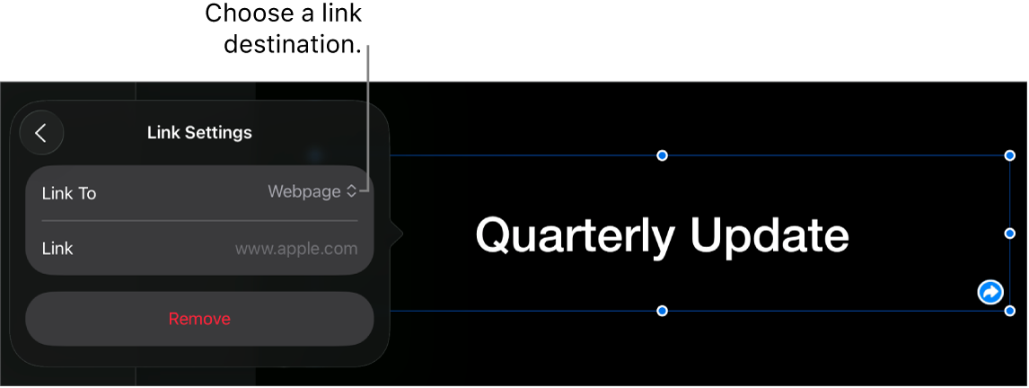 The Link Settings controls with Webpage selected, and the Remove button at the bottom.