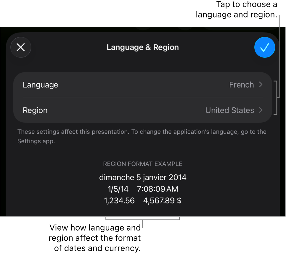 Language and Region pane with controls for language and region, and a format example including date, time, decimal, and currency.