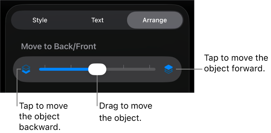 The Move Backward button, the Move Forward button, and the layering slider.