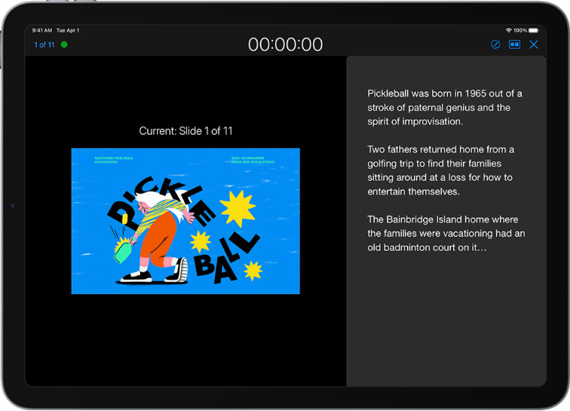 Keynote in Presenter View with the current slide showing on the left and the presenter notes showing on the right. The timer appears at the top of the screen, with additional controls in the top-right corner.