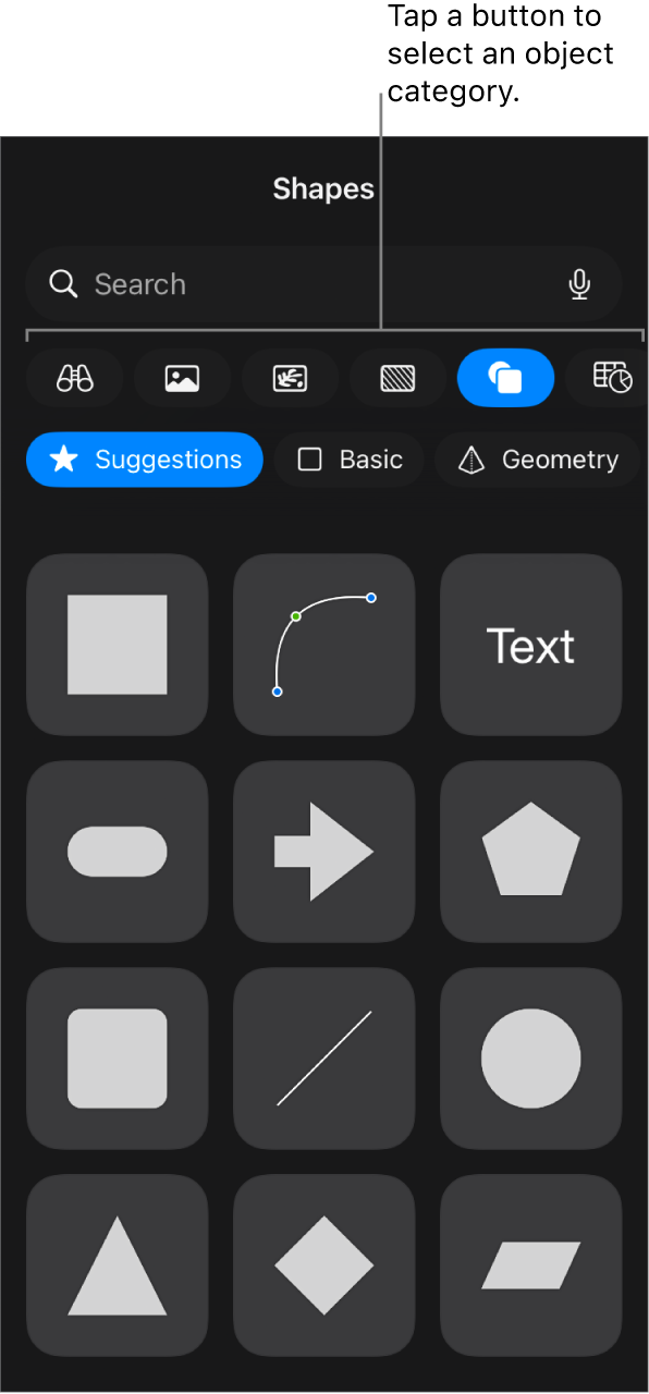 The controls for adding an object, with buttons at the top to choose tables, charts, shapes (including lines and text boxes), and media.